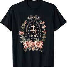 Camiseta religiosa de la Virgen María Catc Marian Floral Cross - Negro - Ver 1