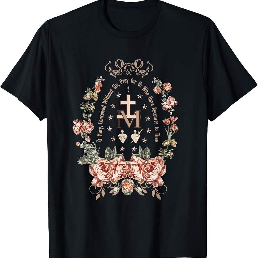 Camiseta religiosa de la Virgen María Catc Marian Floral Cross - Negro - Ver 1