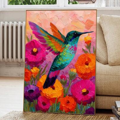 1 pieza Póster de lienzo con diseño de colibrí bohemio enmarcado/sin enmarcar, impresión de arte popular mexicano con flor y pájaro, decoración rústica para cocina, sala de estar, dormitorio, decoración moderna del hogar