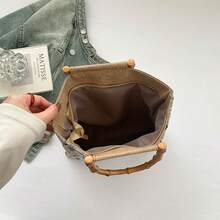 Countryside Style Linen Tote Bag, Bamboo Handle Large Capacity Tote Bag, New Spring/Summer Retro Jacquard Bamboo Handle Linen Texture Commuter Bag - Multicolor - View 8