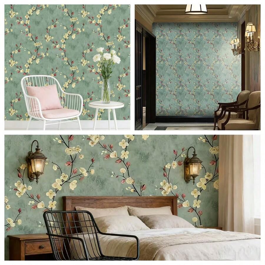 1卷复古绿色梅花和黄色花卉壁纸 - 3D加厚，防水，防污，易清洁，自粘式接触纸，适用于优雅家居装饰、厨房橱柜、桌面和房间背景，花卉PVC剥离粘贴壁纸
