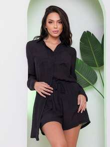 Women's Beach Cover-Up Set: Long-Sleeved Shirt And Shorts - Summer - 黑色 - 查看 4