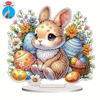 2D/Flat DIY Diamond Painting Acrylic Decor, Easter Bunny & Eggs, Holiday Handmade Decorative Stand, Gift, Stunning In Sunlight