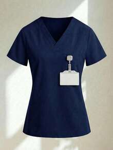 Conjunto uniforme médico quirúrgico set 2 piezas dama mujer manga corta cuello v pantalón jogger resorte cordón cómodo - Azul Marino - Ver 3