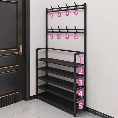 Organizador de almacenamiento de metal multicapa con estante para zapatos - Sistema de armario de pie que ahorra espacio con percha para abrigos, ligero, independiente del clima, fácil de montar, perfecto para la entrada, el dormitorio, la sala de estar