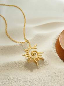 1pc 18K Gold Plated Stainless Steel Sun Pendant Necklace, Clavicle Chain, Ins Style Charm, Gold Jewelry, Back To School, Halloween, Teacher Accessories - Gold - View 4