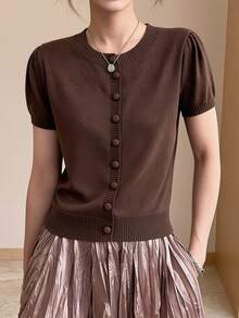 GIGOGOU Áo khoác cardigan dệt kim tay ngắn cho nữ mùa xuân hè, kiểu dáng thoải mái, thoáng khí, ôm sát, đơn giản. - Cà phê nâu - Xem 4