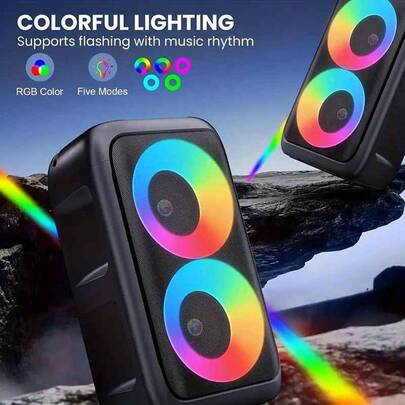 Altavoz inalámbrico con subwoofer, altavoz potente y grande, altavoz estéreo, altavoz inalámbrico para exteriores, luces de fiesta y discoteca, con lámpara de ambiente LED, TWS, MicroSD, AUX, micrófono