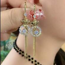 1 Pair New Chic Tassel Long Earrings, Pineapple Full Rhinestone Super Shiny Luxury Earrings, Delicate Earring Hooks - Gold - View 1