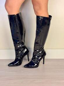 Shiny Patent Leather Knee-High Boot With 10 Cm Stiletto Heel. Sexy Microfiber Leather With Side Zipper. Party Boot For Winter. - Black - View 8