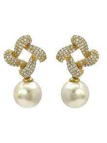 1 Par de Brincos Elegantes com Zircônia Cúbica e Pérola Sintética para Mulheres - Ideal para Casamento, Noivado, Aniversário, Festas e como Presente de Dia dos Namorados - 1# - Ver 2