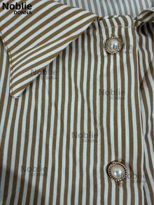 Women's Short Sleeve Striped Dress Shirt Elegant Blouse With Buttons On The Front Office - 米色條紋 - 查看 2