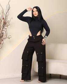Women's Wide Leg Cargo Pants, High Waist, Tailored, Marrant Style, Palazzo Pants With 4 Utility Pockets, Premium Streetwear - 黑色 - 查看 5