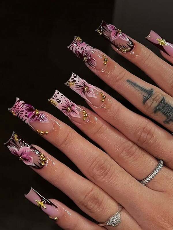 24pcs/Set Elegant 3D Gradient Purple Floral, Leopard Print, Dotted, Golden Pearl Starry Design Long Square Press-On Nails, Suitable For Girls/Women Daily, Outdoor, Party Nail Art