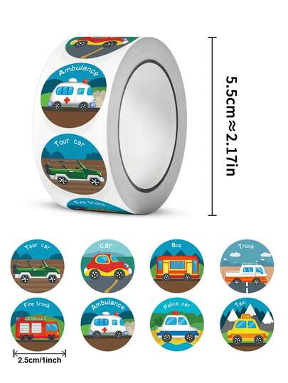 1 Roll Of 500pcs Tractor & Car Cartoon Pattern English Learning Stickers, Non-Adhesive Stickers For Children Toys, Rewards And Praise