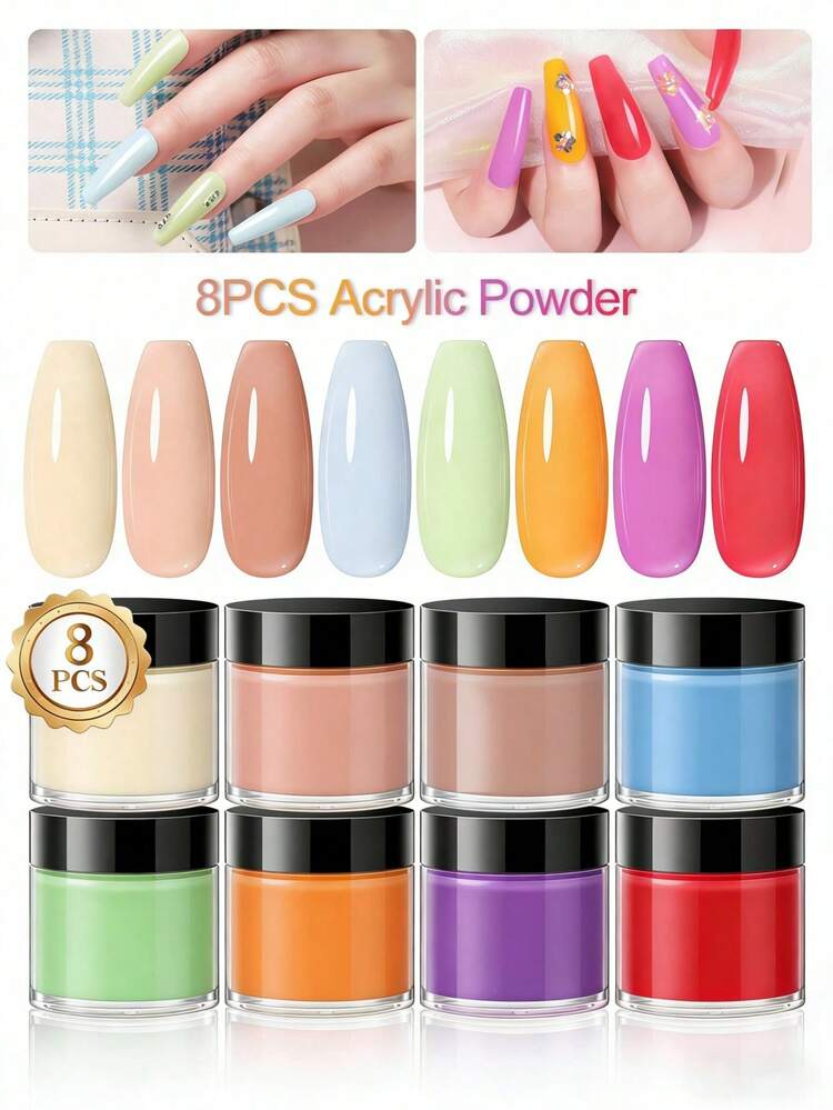 8色套装，每盒10克，包含裸色、酒红色、玫瑰色、蓝色、绿色、橙色等多种颜色。适用于制作亚克力美甲、延长甲、3D美甲等。适合作为女士美甲沙龙的礼物、春季礼物、情人节美甲礼品。 - 彩色 - 查看 7