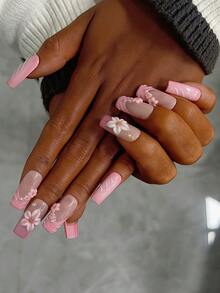 10片装Y2K风格管道形美甲贴片套装 - 手工制作，粉色美甲，粉色法式美甲，手工3D花朵，3D粉色花朵美甲。手绘3D水滴图案设计，粉色小花和白色仿珍珠装饰手工美甲贴片 - 彩色 - 查看 5