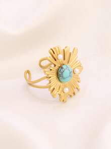 1 pieza Anillo abierto de acero inoxidable con perla de turquesa para mujer, joyería elegante de estilo francés retro con diseño redondo, a prueba de agua como regalo - anillo - Ver 5