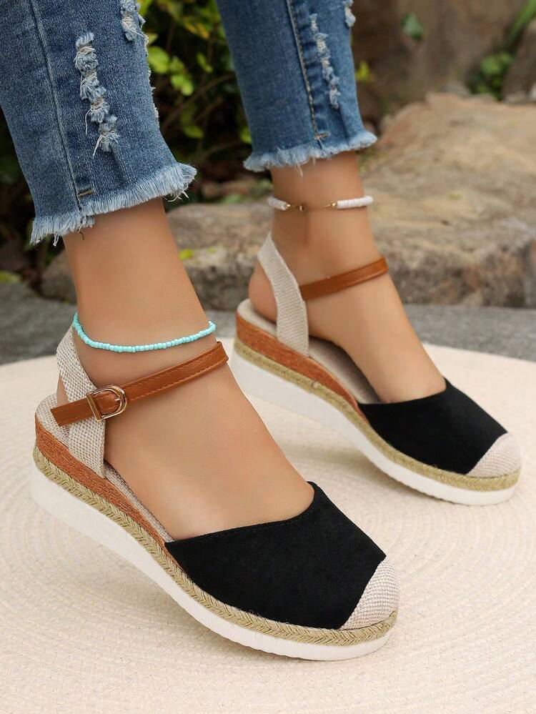 2026 Spring/Autumn New Plus Size Women Shoes, Hemp Rope Woven Fisherman Shoes, Buckle Strap Closed Toe Platform Sandals - Black - View 1