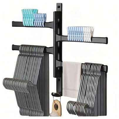 Matzwart aluminium draaibaar handdoekrek – 4-armig opvouwbaar wandrek voor badkamer en keuken met extra haak, ruimtebesparende draaibare handdoekhouder voor kasten, wasruimtes, hotels en moderne loftinterieurs (31,5 cm)