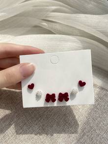 6pcs/Set Burgundy Flocked Bow & Heart Pearl Stud Earrings (Random Card Included), Autumn/Winter - Multicolor - View 1