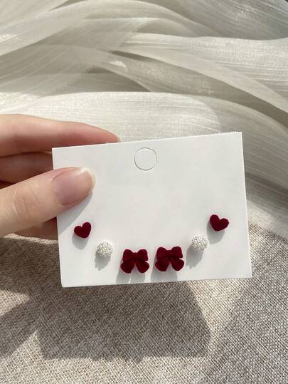 6pcs/Set Burgundy Flocked Bow & Heart Pearl Stud Earrings (Random Card Included), Autumn/Winter