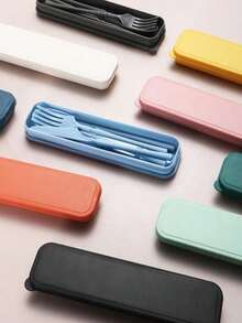 1 Set/8 Sets Portable Plastic Striped Cutlery Set, Camping Tableware, Reusable Spoon & Fork Set With Storage Box, Suitable For Picnics & Daily Use,Kitchen,Christmas Gift Back To School,School Supplies - Nhiều màu - Xem 4