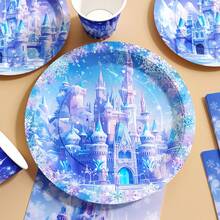 10件套一次性冰雪奇缘城堡主题餐盘、餐巾纸、杯子，适合10位客人使用，一次性纸盘餐具，适用于生日、婚礼、主题派对、家庭野餐等场合。 - 款式2 - 查看 5