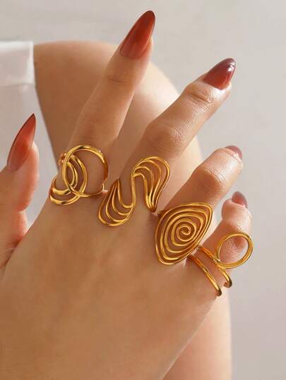 4pcs Stainless Steel 18K Gold Plated Geometric Line Design Open Rings, Suitable For Women Daily Wear, Holiday Gift
