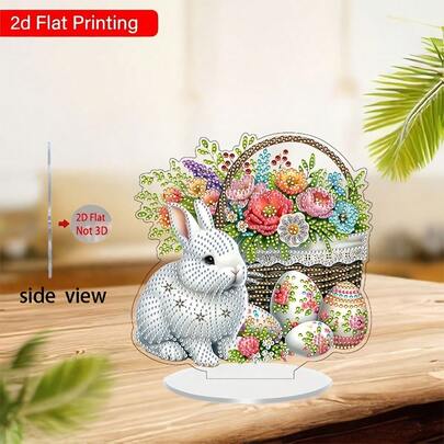 DIY 2D Crystal Diamond Mosaic Painting Kit, Easter Rabbit, Flower, Blue Egg Themed Desktop Decor, Home Decoration Display Sign, Handmade Craft, Holiday Gift, Suitable For Bedroom, Office, Living Room, Study