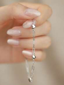 BALMORA 1条925纯银时尚优雅可爱心形链手链，适合女性日常佩戴、友谊聚会、情人节、珠宝礼物 - 光面愛心銀色-16+4cm - 查看 4