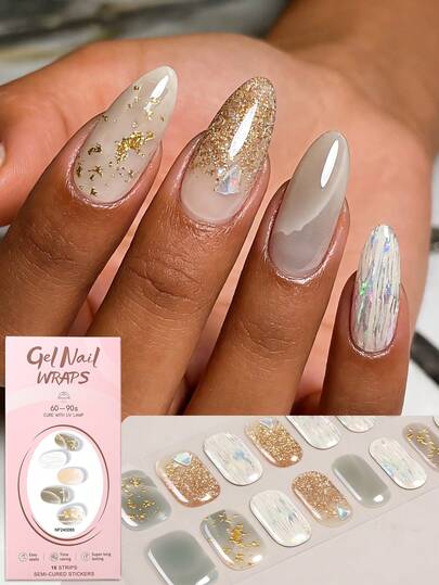 16pcs Minimalist Luxury Brown Gold Glitter Line Gel Nail Stickers, Long-Lasting , Requires UV Lamp, Protects Natural Nails, Suitable For Women/Girls Daily Commute, Street Style, Social Events, Weddings, DIY Fashionable Manicure