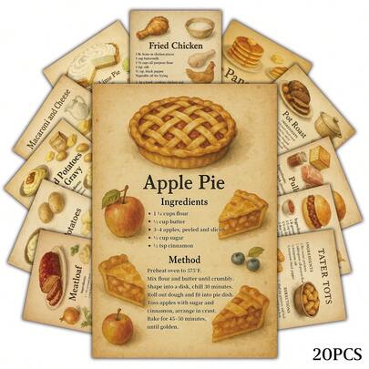 20张复古美食食谱卡片 - 复古西式美食指南卡片，附插图说明，可作拍照道具、房间墙面DIY装饰家居摆设，是送给厨师和厨房爱好者的礼物，尺寸为4*6英寸。