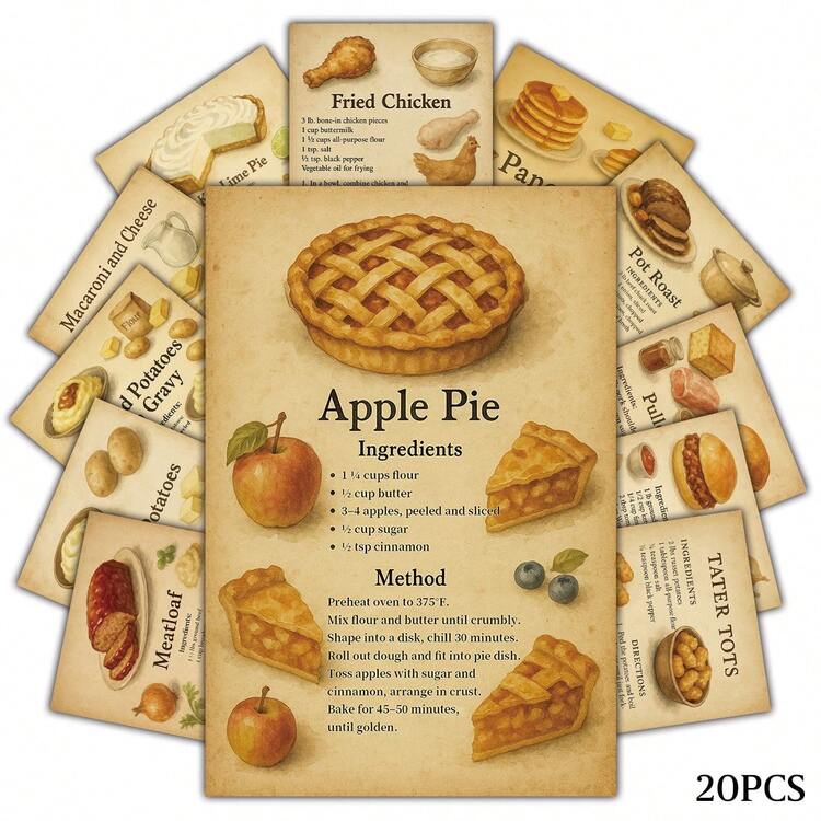 20张复古美食食谱卡片 - 复古西式美食指南卡片，附插图说明，可作拍照道具、房间墙面DIY装饰家居摆设，是送给厨师和厨房爱好者的礼物，尺寸为4*6英寸。 - A - 查看 1