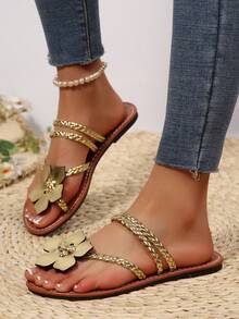 Dép xăng đan đế bằng họa tiết hoa dành cho nữ, kiểu dáng châu Âu và Mỹ, thoải mái khi mang đi biển vào mùa hè. - Vàng - Xem 3