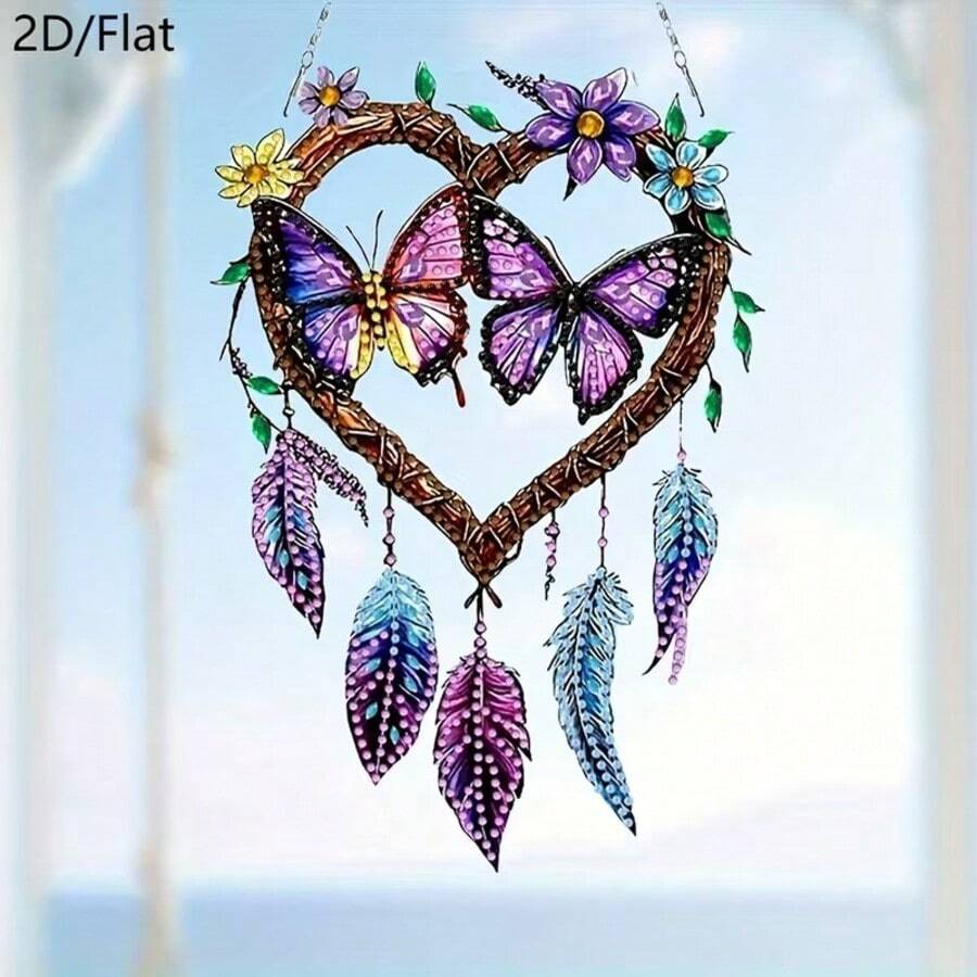 2D/Flat Butterfly Dream Catcher Pendant, Asymmetrical Diamond Art Painting Kit, Home Wall Door Decor Creative Gift, Ideal Holiday Gift, No Electricity Required - A - View 1