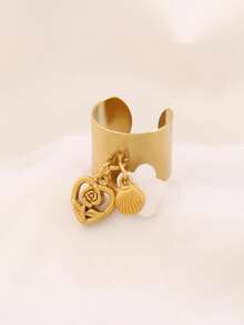 1 pieza Anillo redondo de joyería impermeable para mujer con colgante de acero inoxidable en forma de rosa y corazón, flor dorada y concha - anillo - Ver 3