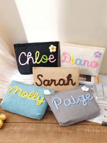 个性化伴娘化妆包，定制雪尼尔名字旅行收纳袋，灯芯绒洗漱包，单身派对回礼，沙滩收纳包 - 彩色 - 查看 2