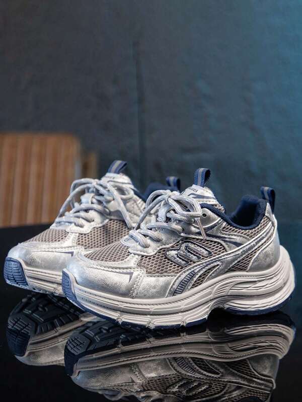 Kids' Breathable Mesh Sports Shoes, Retro Distressed Style, Anti-Slip Thick Sole, Unisex Casual Chunky Sneakers