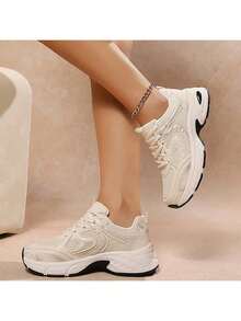 New Style Women's Casual Sports Shoes, Platform Sports Shoes, White Lace-Up Round-Toe Blended Material, Breathable, Versatile, Printed Graffiti, College Style, Suitable For Students, Outdoor Hiking, Casual Wear And Commuting. - 米色 - 查看 1