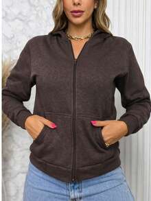 Women's Casual Zip-Up Jacket With Solid Color Hat. - Cà phê nâu - Xem 2