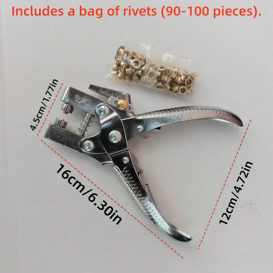 1个手持式金属打孔器 + 1包铆钉（90-100个），专业多功能人造革打孔工具，适用于皮带、金属环、手工DIY皮革鞋带、鸡眼、戒指、A4纸打孔、耳环、标签、挂绳等，多功能办公打孔装订工具