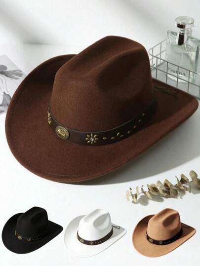 1pc Men's And Women's Polyester Western Cowboy Hat, A Universal Retro-Style Hat For Both Men And Women, With Flower-Shaped Decoration, Suitable For Daily Casual Wear, Western Cowboy Parties, And Bar Cowboys (All Sizes)