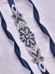 One Piece Handcrafted Rhinestone-Encrusted Luxury Wedding Belt, Exquisite And Sparkling Crystal Belt, Sturdy , Suitable For Weddings, Parties, Proms, Evening Gowns, Annual Meetings, And Various Other Occasions. - Silver + Black Ribbon - View 2