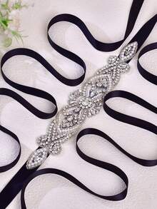 One Piece Handcrafted Rhinestone-Encrusted Luxury Wedding Belt, Exquisite And Sparkling Crystal Belt, Sturdy , Suitable For Weddings, Parties, Proms, Evening Gowns, Annual Meetings, And Various Other Occasions. - Silver + Black Ribbon - View 8