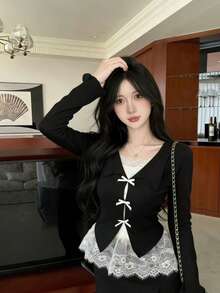 女士蕾丝拼接蝴蝶结修身长袖衬衫，春夏款，黑色 - 黑色 - 查看 4