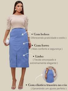 Saia Midi Feminina De Linho Com Fenda Estilosa E Cintura Flexível  e Elegante - Azul serenity - Visão 7
