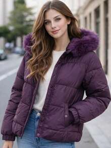 Women's Lined Puffer Jacket With Removable Hood And Button Pockets - Burgundy - View 2