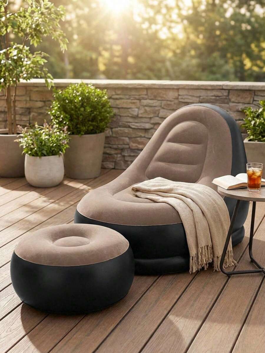 Sillón y Taburete Inflable para Interior y Exterior, Set de Asiento Portátil y Ligero, Mueble Inflable Cómodo para Sala, Terraza, Jardín, Camping y Playa, Diseño Moderno Fácil de Transportar y Guardar - A - Ver 1