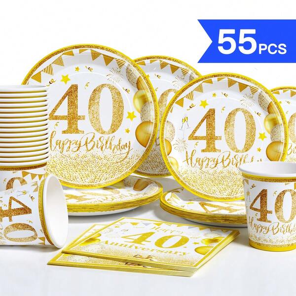 طقم لحفلة عيد ميلاد ال- 40 شامل أطباق ورقية، مناديل، أكواب، مواد استهلاكية ل- 10 ضيوف، أطباق ورقية قابلة للتخلص منها مناسبة لأعياد الميلاد، الزفاف، الحفلات الموضوعية، النزهات العائلية